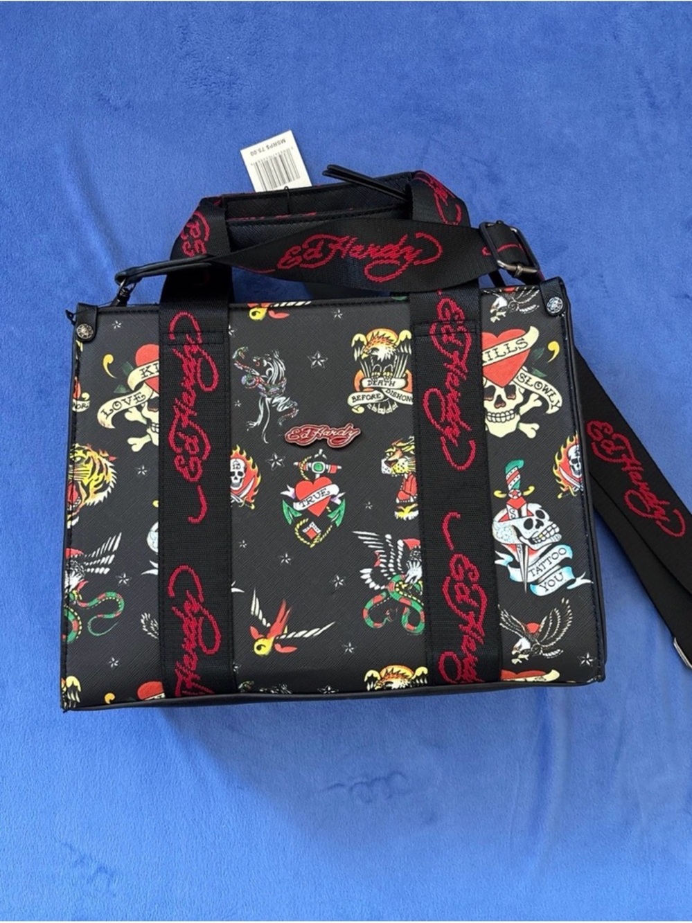 Ed Hardy Black Messenger Bag with Red Logo Strap and Multicolor Tattoo Prints